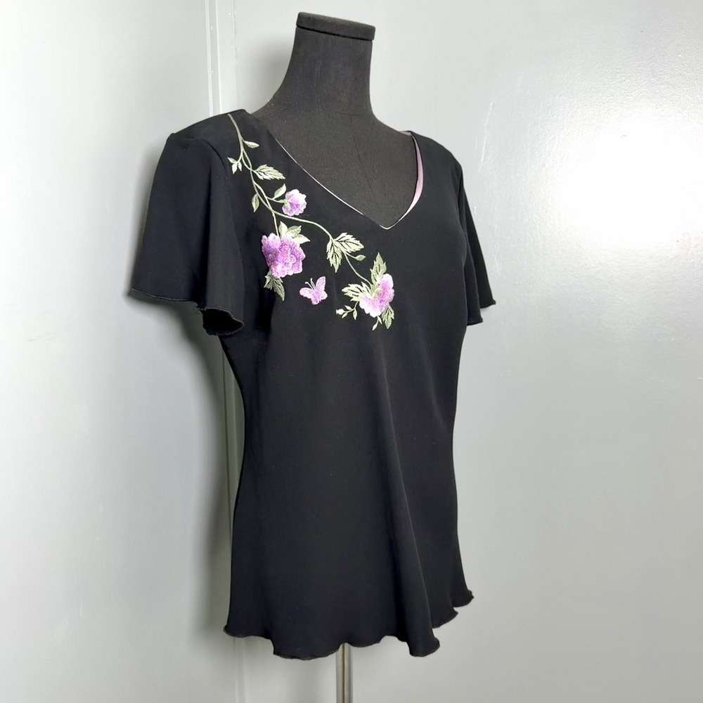 Vintage 90s Black & Purple Floral Embroidered Ruffle Sleeve Blouse Y2K Fairycore